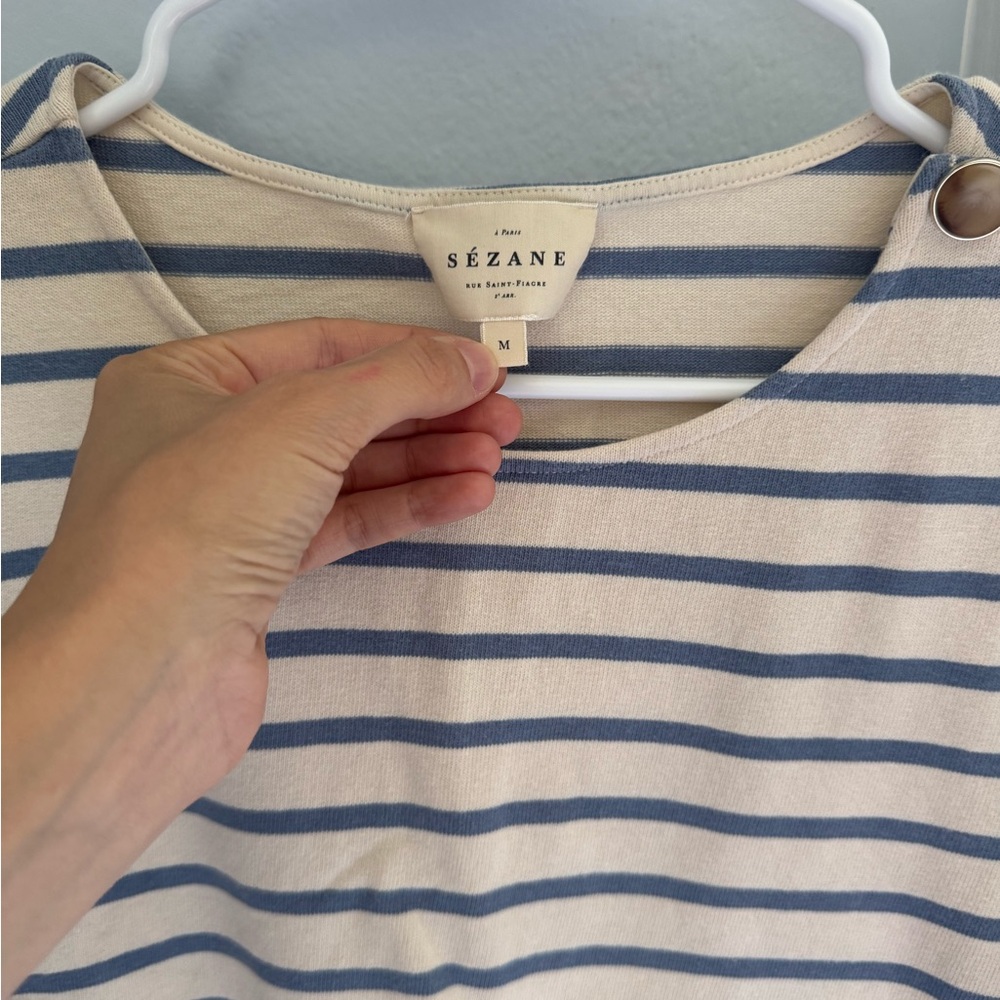 Sézane Cream and Blue Striped Long Sleeve Top